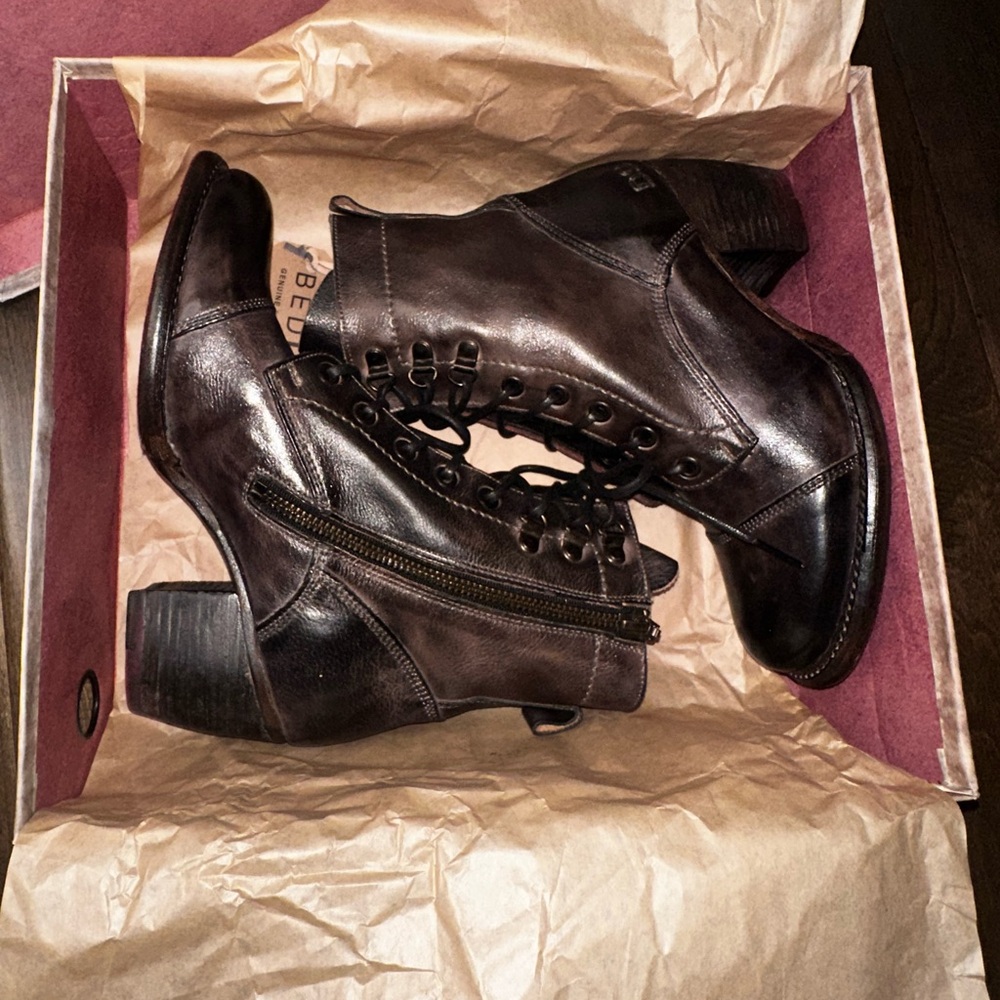 BED|STU Brown Lace-Up Leather Ankle Boots with Red Lining - Picture 14 of 16